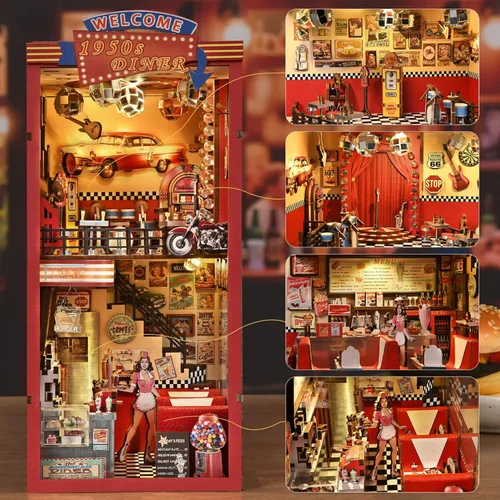 Miniatura 3 de fifijoy Kit de rincón de libros - Kit de casa de muñecas en miniatura DIY para adultos y adolescentes, decoración retro de estantería de restaurante