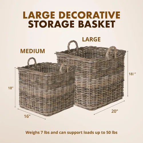 Miniatura 5 de KOUBOO Cesta cuadrada grande de ratán, hecha a mano, sala de estar, mantas, cubo de juguetes, almacenamiento adicional, almacenamiento decorativo