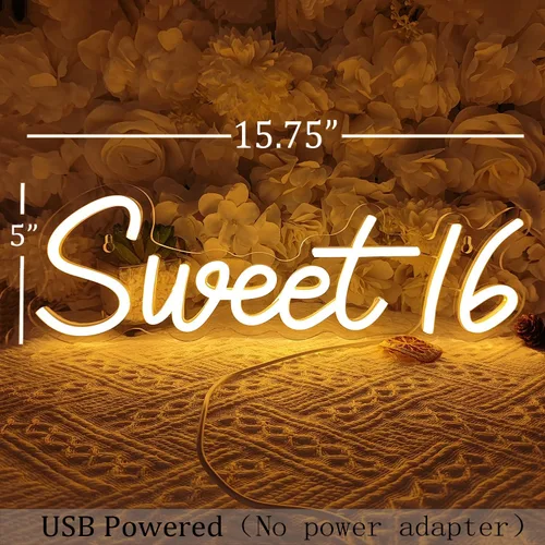 Miniatura 3 de SYLHOME Letrero LED de Neón Dulce 16 para Chicas Adultas Dormitorio Feliz Decoración de Pared de Fiesta de Cumpleaños 16 Años Banner de Hermana