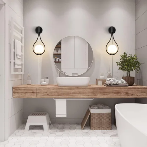 Miniatura 4 de BOKT Moderna lámpara de pared de vidrio negra para colgar en la pared, apliques de pared de mediados de siglo para dormitorio, con gota de agua