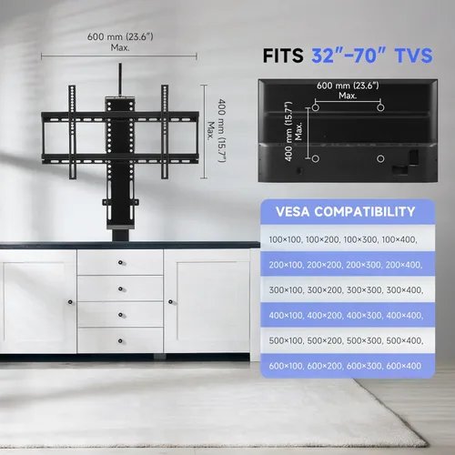 Miniatura 7 de CO-Z Elevador de TV motorizado para televisores de 32 a 70 pulgadas de hasta 600 x 400 VESA, soporte de TV de altura ajustable y soporte de pared