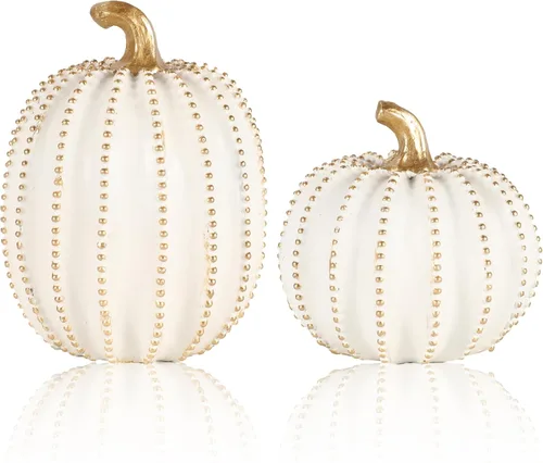 Miniatura 7 de GoGnome Juego de 2 figuras de calabaza de resina dorada, decoraciones texturizadas de cosecha de otoño para centro de mesa, decoración de Acción