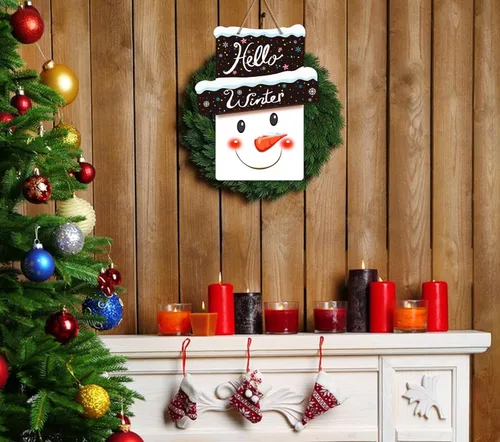 Miniatura 8 de D4DREAM Letrero de bienvenida con texto en inglés «Hello Winter» para puerta delantera, Navidad, invierno, bienvenida, coronas, colgador