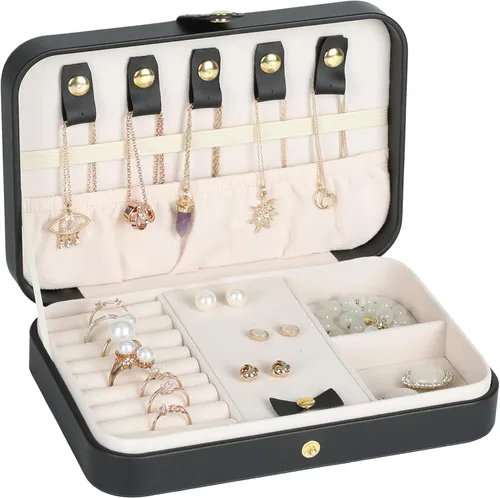 Miniatura 30 de Joyero pequeño, joyero de viaje portátil para mujer, mini organizador de viaje de 2 capas, regalo para mujeres y niñas, negro A