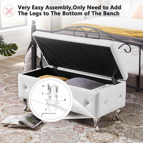 Miniatura 5 de mikibama Banco otomano de piel sintética para dormitorio, banco otomano de almacenamiento con botones de cristal con asiento y patas de metal Blanco