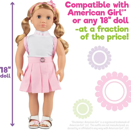 Miniatura 3 de Conjunto de 5 piezas de muñeca escolar casual de 18 pulgadas con mochila rosa, compatible con American Girl, juego de ropa y accesorios de alta