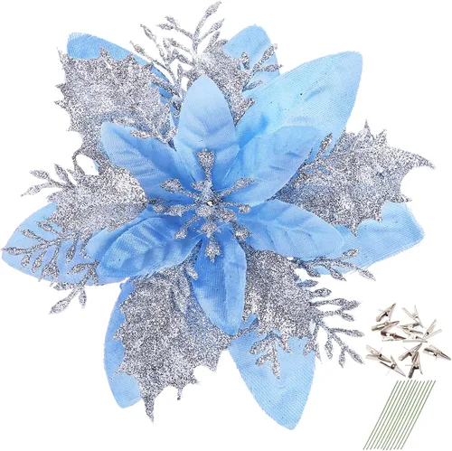 Miniatura 19 de GREENTIME 12 flores de pascua artificiales con purpurina de 5.5 pulgadas, tallos de Navidad, adornos para árbol de Navidad para fiesta de Año Nuevo