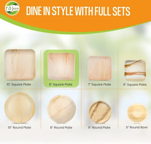 Miniatura 6 de Raj Platos ecológicos compostables de hoja de palma como platos de bambú desechables, platos cuadrados de 8 pulgadas, 200 platos, de madera natural