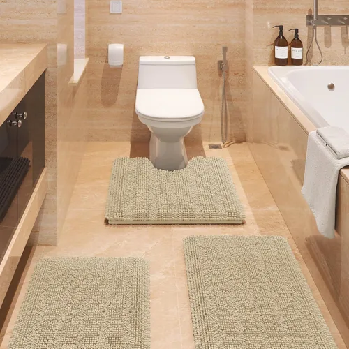 ACCUMTEK - Juego de alfombras de baño a rayas beige de 3 piezas, ultrasuaves, antideslizantes de chenilla, alfombras de baño mullidas y absorbentes