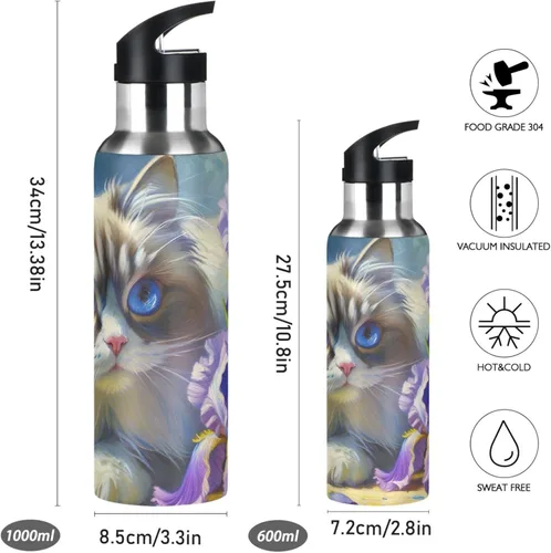 Miniatura 2 de Stainless Steel Vacuum Insulated Water Bottle 32 Oz, Leakproof Water Bottles for Gym Outdoor Travel School, Cute Cat Purple Flowers
