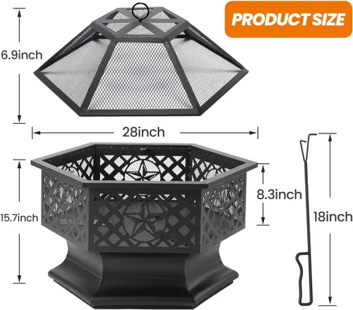 Miniatura 5 de Panovue Fogata Hexagonal de 28 Pulgadas, Fogatas de Leña para Exteriores con Pantalla Contra Chispas y Atizador, Fogata Hexagonal de Metal