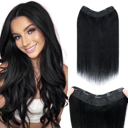 Miniatura 9 de Benehair Extensiones de cabello humano real de una pieza con clip, 3/4, cabeza completa, en forma de V, trama más gruesa, malla de encaje, Negro