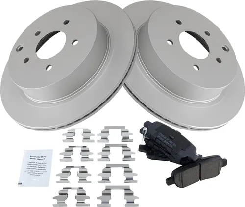 Miniatura 3 de TRQ Kit de pastillas de freno de cerámica premium traseras y rotor recubierto con productos químicos compatibles con Nissan