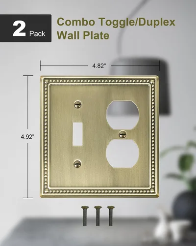 Miniatura 2 de Paquete de 2 Placas de Cubierta Combinadas para Interruptor de Palanca/Dúplex, Placa de Cubierta de Enchufe de Pared de Metal de Latón Antiguo