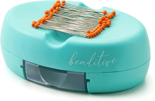 Beaditive Cojín magnético con cajón – Fuerte soporte magnético para coser – 50 pines de acolchado de cabeza de vidrio incluidos – Elegante Turquesa