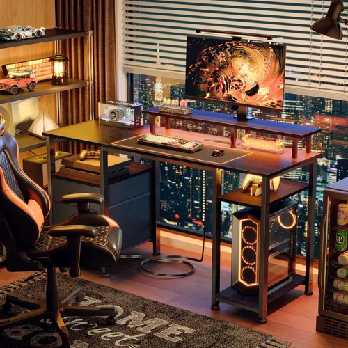 Miniatura 3 de Furologee Escritorio para juegos de 51 pulgadas con tomas de corriente y luces LED, escritorio reversible para computadora con archivador y soporte