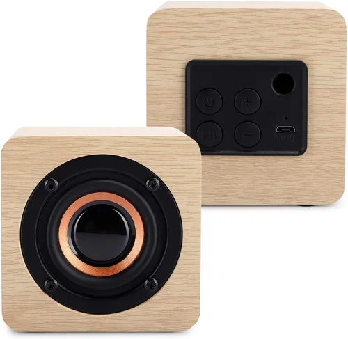 Miniatura 7 de Altavoz Bluetooth retro, altavoz portátil de madera amarillo alimentado por USB con sonido HD y graves ricos para computadora PC