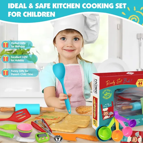 Miniatura 7 de Juego de 44 piezas de cocina y hornear para niños para cocina real, cuchillo seguro para niños y herramientas de cocina con libros de cocina