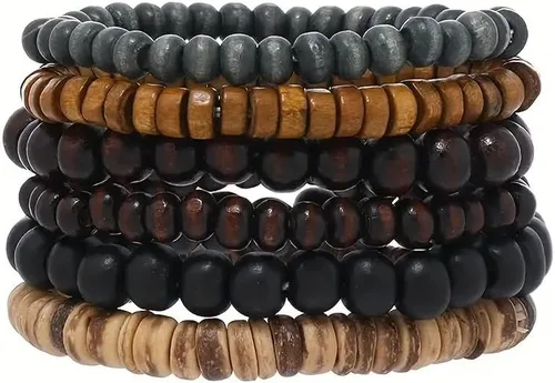 6 unidsset de pulsera de cuentas de madera multicapa de estilo vintage para hombre, recuerdos de fiesta de vacaciones, Madera, madera multicolor