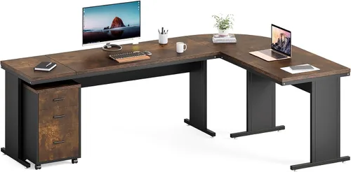 Miniatura 10 de LITTLE TREE Escritorio ejecutivo grande de 82.67 pulgadas de largo en forma de L para computadora con archivador móvil de 3 cajones, mueble