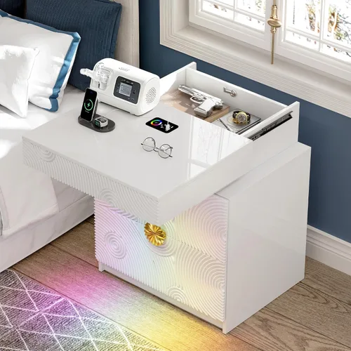 Miniatura 12 de WOOVIVS Juego de 2 mesitas de noche con carga inalámbrica y luces LED para dormitorio, mesita de noche con tablero de vidrio y diseño de 2 cajones
