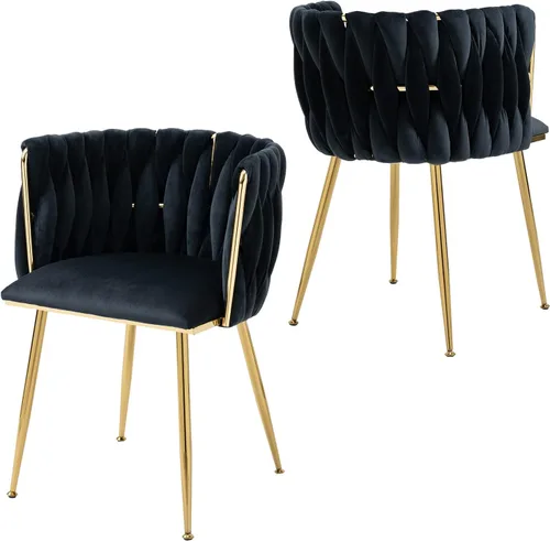 Juego de 2 sillas de comedor tapizadas de terciopelo, sillas modernas para sala de estar con respaldo tejido y patas de metal dorado, silla auxiliar