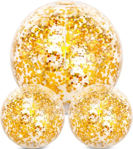 Miniatura 9 de Hsei 3 unidades de bola de playa inflable de 16 pulgadas con purpurina, bolas de discoteca de piscina de verano con confeti, flotables, juguetes Oro