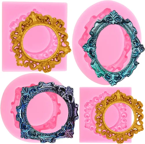 ZiXiang Set de 4 moldes de marco fotográfico para fondant, moldes de marco vintage, moldes de marco de imagen de silicona para decoración de pastel,
