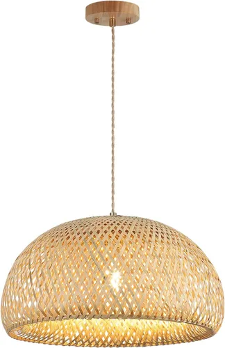 Lámpara Colgante Grande de Bambú de 17.8 Pulgadas de Una Luz Ajustable, Cesta Rústica Hecha a Mano Tejida, Iluminación Colgante para Isla de Cocina,