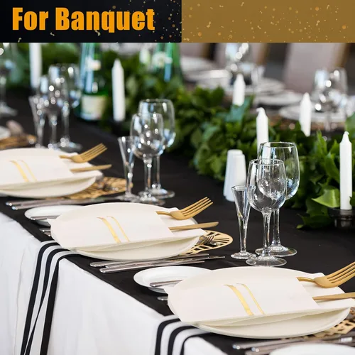 Miniatura 7 de Roshtia 100 paquetes de servilletas de cena desechables con sensación de lino, con bolsillo incorporado para cubiertos, ribete dorado, papel Blanco
