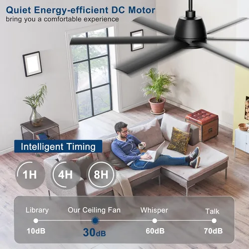 Miniatura 3 de Ventilador de techo de 65 pulgadas sin luz - Ventilador de techo negro con control remoto y APP, motor CC reversible silencioso, 6 aspas