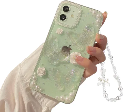 Miniatura 10 de Funda compatible con iPhone 13 Mini 3D, diseño floral de mariposa, transparente con diseño estético, fundas protectoras con purpurina y cristales