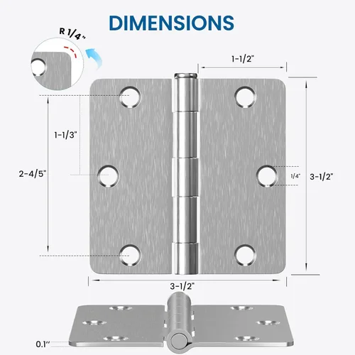 Miniatura 2 de HOSOM Paquete de 6 bisagras de puerta de níquel satinado de 3.5 pulgadas, bisagras de puerta interior resistentes con radio de 1/4 pulgada, bisagras