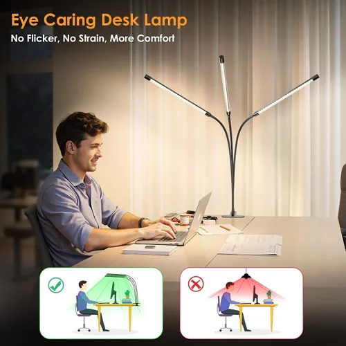 Miniatura 6 de ShineTech Lámpara de escritorio LED con abrazadera, iluminación ultra ancha de 3 cabezales, 4 modos de color, lámpara de trabajo de cuello de cisne