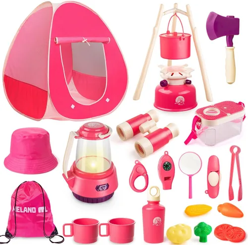 Miniatura 10 de Meland Juego de camping para niños con tienda de campaña, juguete de equipo de campamento con juego de simulación, juguete al aire libre para niños