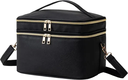 Miniatura 9 de HBlife Bolsa de maquillaje de viaje de doble capa, portátil, bonita bolsa de cosméticos de cuero, bolsa grande de maquillaje, organizador de Beige