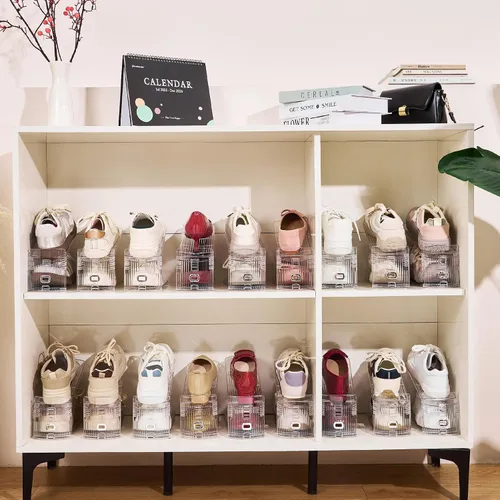 Miniatura 7 de Organizador de ranuras ajustables para zapatos, paquete de 10 unidades de apiladores de zapatos transparentes, soporte para zapatos, ahorrador