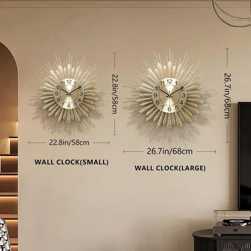 Miniatura 2 de Reloj de pared dorado de 23 pulgadas con diseño de rayos de sol, relojes de pared decorativos de mediados de siglo a pilas, diseño de rayos de sol