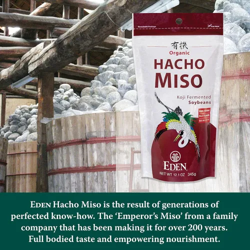 Miniatura 3 de Eden Hacho Miso orgánico, fabricado tradicionalmente en Japón, soja, koji, rico en umami, rojo oscuro, envejecido 3 años, Hatcho, 12.1 onzas