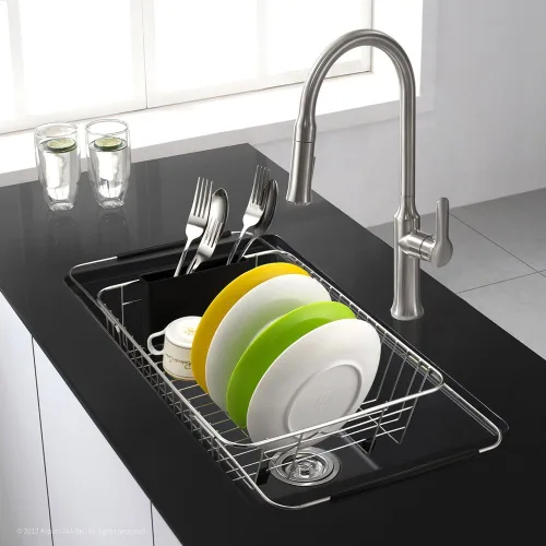 Miniatura 9 de SANNO Escurridor de platos con soporte para utensilios de acero inoxidable, escurridor grande para platos, estante expandible para fregadero o sobre