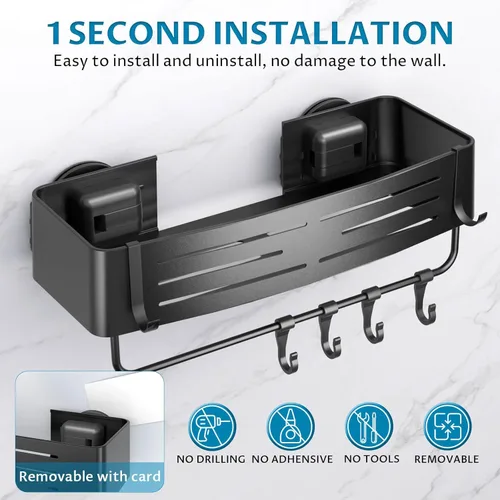Miniatura 6 de Onemake Organizador de ducha con ventosa, estante de ducha de succión con ganchos portátiles, organizador de baño con barra de toalla