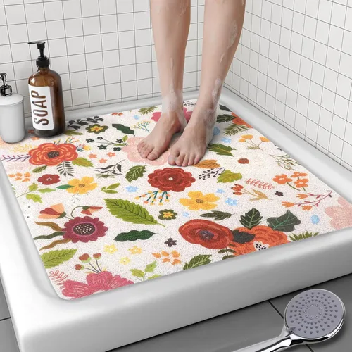 Tapete de ducha cuadrado, 24 x 24 pulgadas, antideslizante, tapete de ducha de flores, tapete de baño de esponja de PVC de secado rápido para ducha,