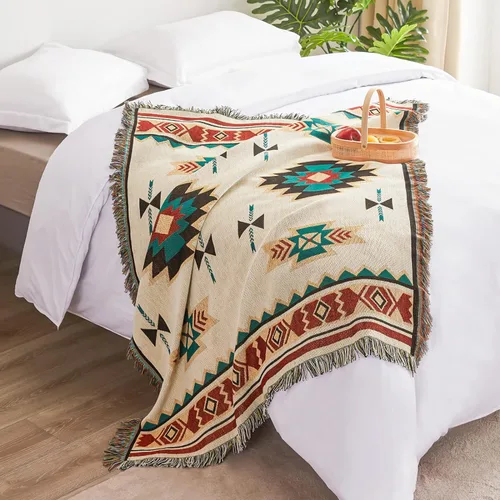 Miniatura 6 de Touchat Manta de nativos americanos, decoración occidental, manta bohemia para sofá, manta decorativa mexicana de granja, manta tejida con Beige