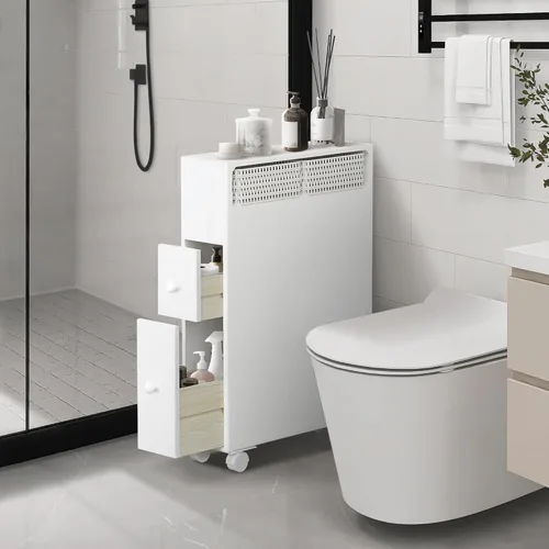 Miniatura 2 de MASAKA B&W Armario de almacenamiento de baño móvil con 2 cajones y estante, almacenamiento de papel higiénico, estantes de esquina