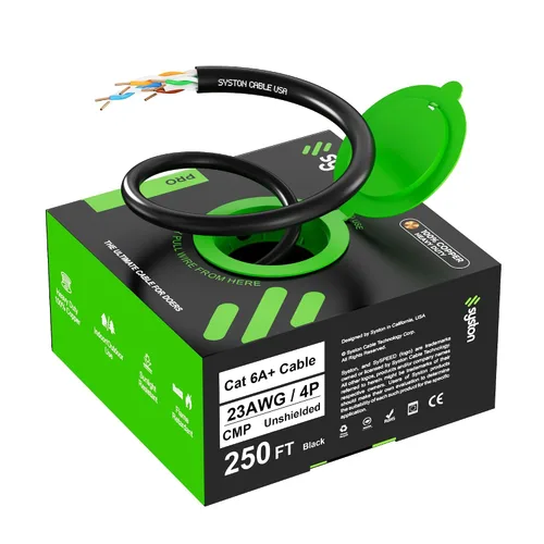 Miniatura 9 de Syston Cable Tech Cat6A+ - Cable Ethernet crudo a granel negro a granel 700 MHz 20 pies 23AWG 4pr par trenzado sin blindaje UTP cobre sólido desnudo