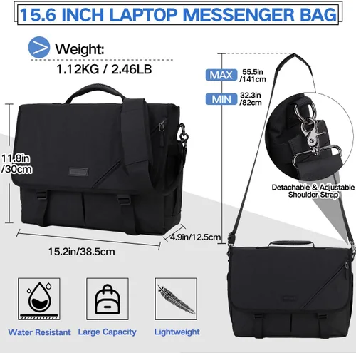 Miniatura 2 de Bolsa de mensajero para hombre, ligera, resistente al agua, 15.6 pulgadas, bolsa para laptop, bolsa de hombro para oficina de negocios Negro
