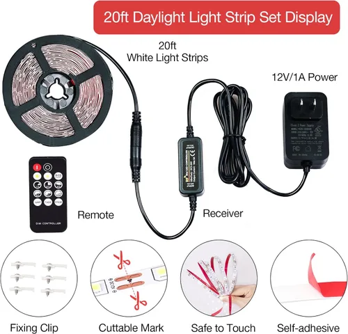 Miniatura 5 de Tira de luces LED blancas de 20 pies con control remoto, tira de luz LED regulable de 6500 K de 12 V, 360 luces LED flexibles para dormitorio