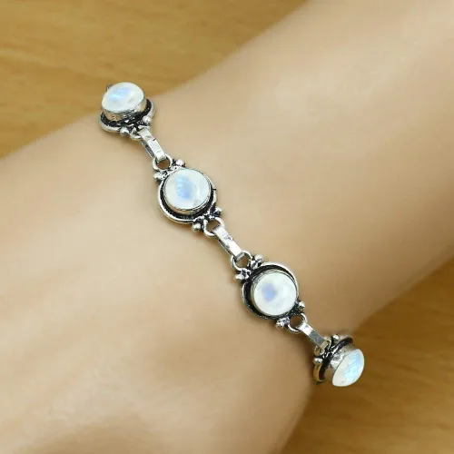 Miniatura 54 de Round Shape Natural & Synthetic Gemstones Silver Plated Bracelets for Women - Vintage Bohemian Style Handmade Birthstone Adjustable Link Bracelet