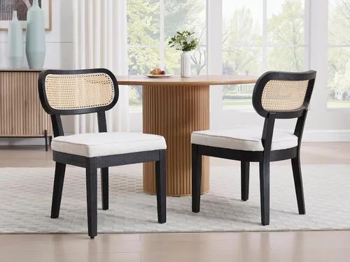 Miniatura 7 de Juego de 4 sillas de comedor de ratán de granja, sillas modernas de madera para cocina y comedor con respaldo de caña, cómodo asiento tapizado