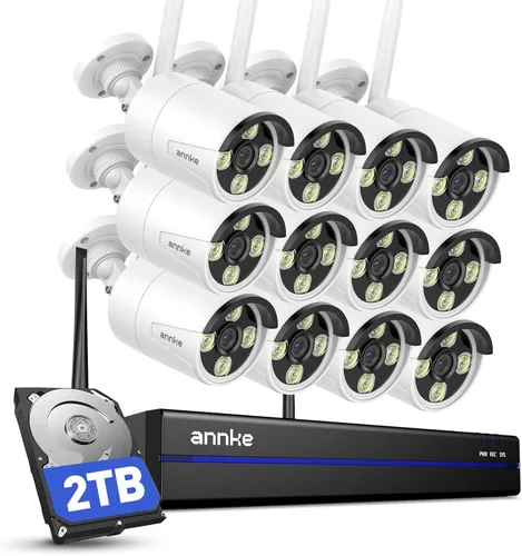ANNKE - Sistema de cámara de seguridad inalámbrica 2TB disco duro, 16 canales 4K WiFi NVR Kit, 12 piezas 3MP CCTV cámara de vigilancia para el hogar